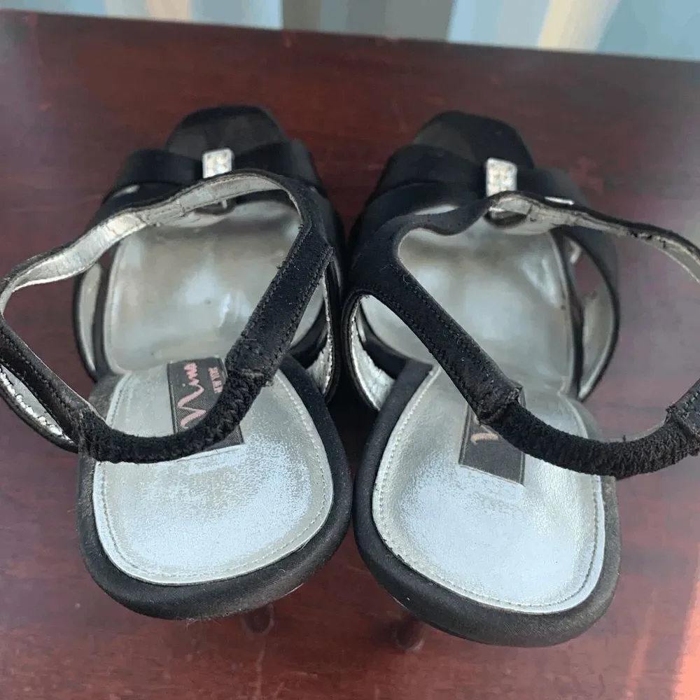 Nina Womens High Heels Peep Toe Sandals Ankle Strap Black Silver Shoes Size 6